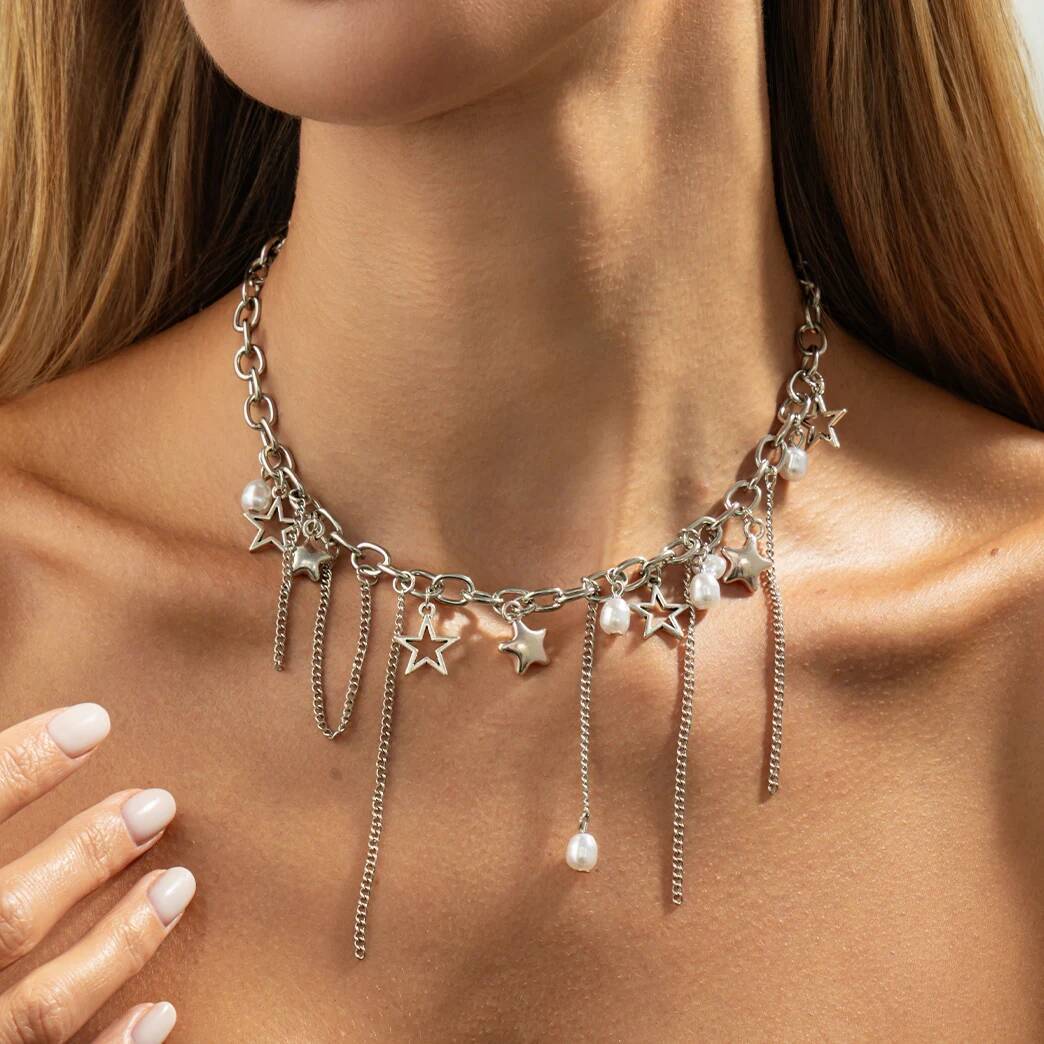 Salircon Модная серебристая полая подвеска-звезда, чокер-ожерелье, женский шарм, металлическая кисточка, имитация жемчуга, ключичная цепочка, украшение