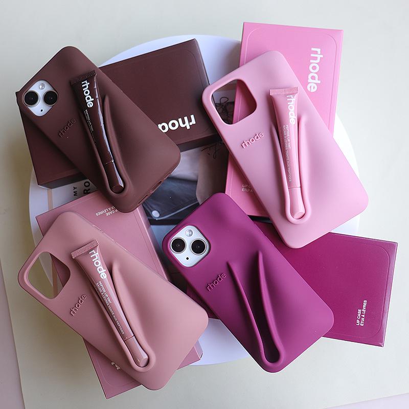 Rhode Silicone Full-Coverage iPhone 13/14/15 Pro Max Case with Lipstick Lip Gloss Design