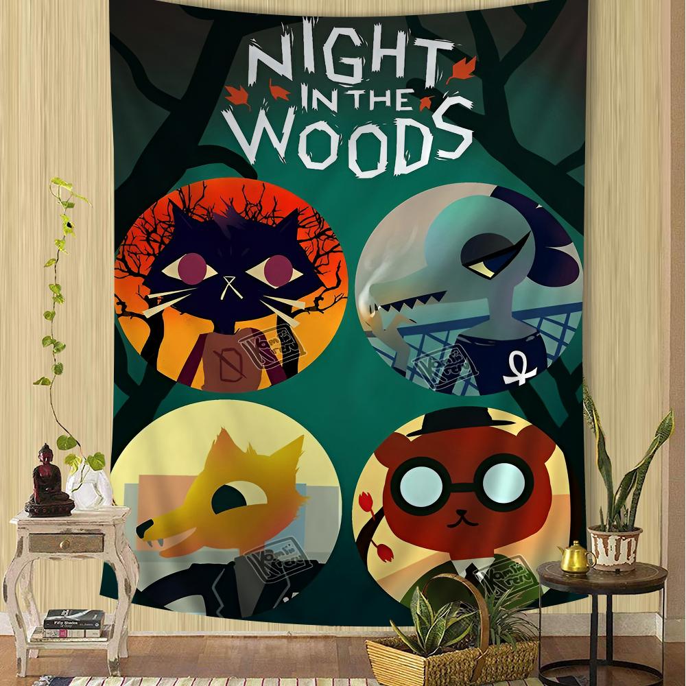 Night in the Woods Volle Charakter-Silhouette Wandteppich Farbverlauf-Hintergrund Gemütliche Zimmerdekoration für Indie-Spiel Nostalgische Fans