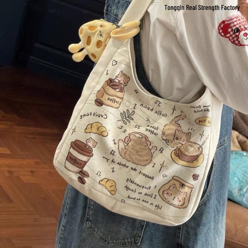 Vielseitige Cartoon-Kätzchen-Canvas-Tasche - Schultertasche mit großem Fassungsvermögen für Schule oder Pendeln