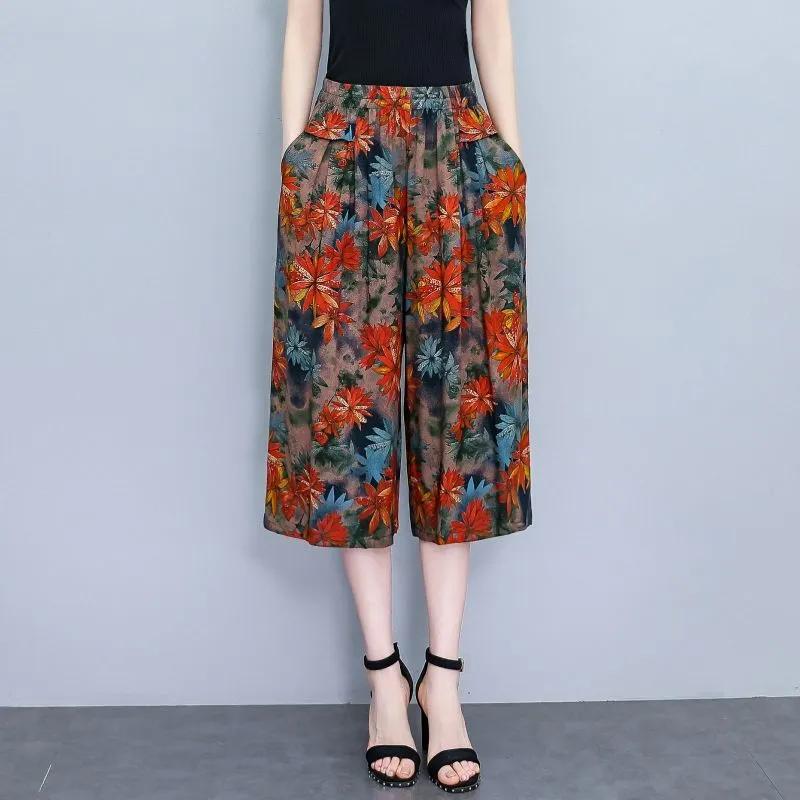 Pantalones Casuales Sueltos de Siete Minutos de Pierna Ancha de Cintura Alta para Mujer de Verano para Mujeres de Mediana Edad y Mayores Finos Cómodos