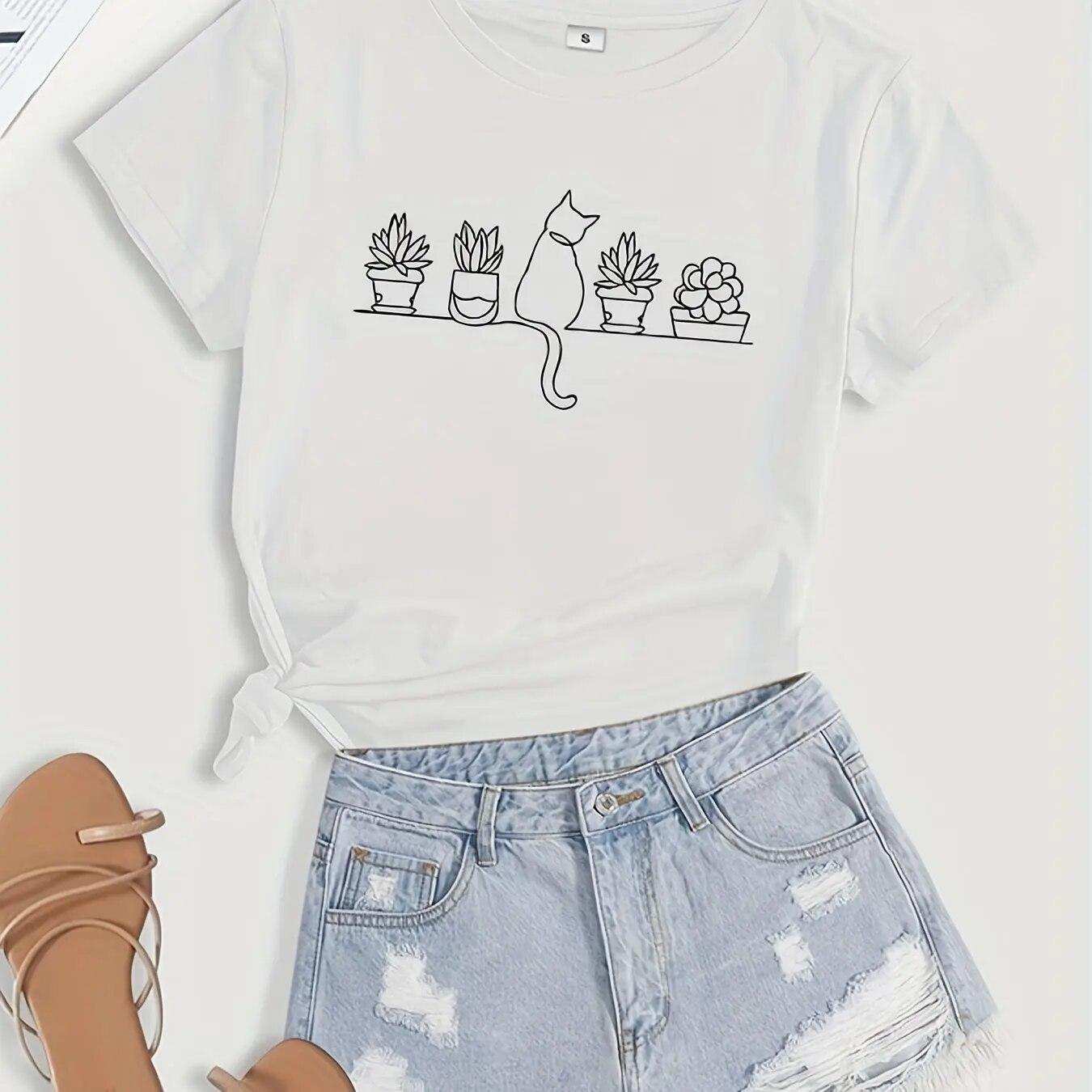 

Футболка с принтом кота из мультфильма, повседневный топ с круглым вырезом с короткими рукавами для лета и весны, одежда WoUnisex унисекс 4XL