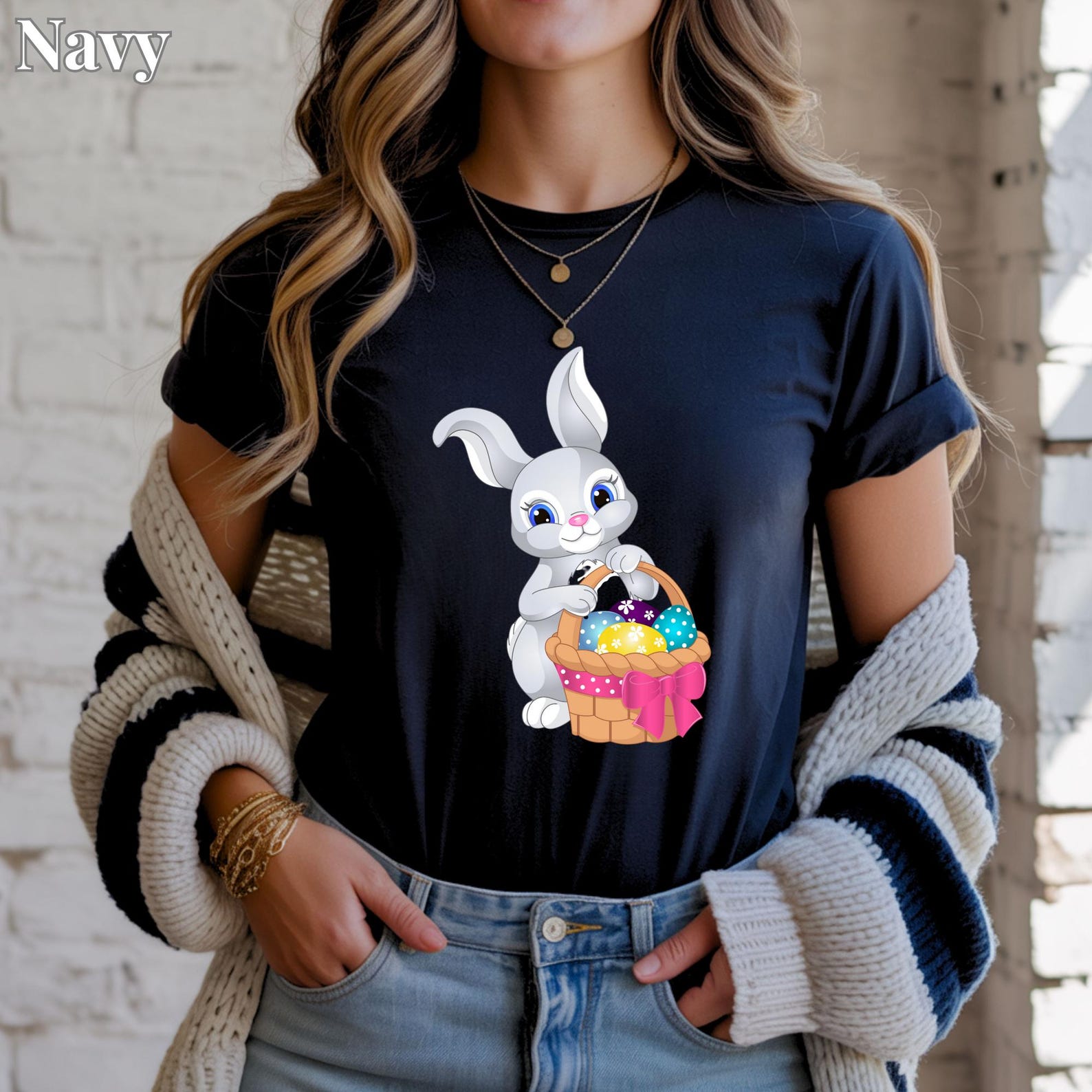 Easter Bunny with Egg Basket T-Shirt | Cute Kids Easter Tee | Spring Holiday Bunny Shirt L