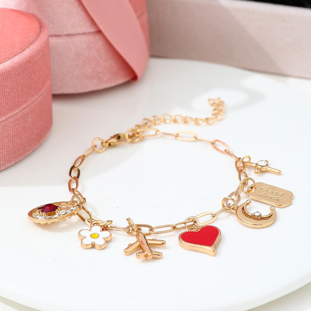 Creative Heart Letter Pendant Bracelet with Drip Oil Flower Charm for Women
