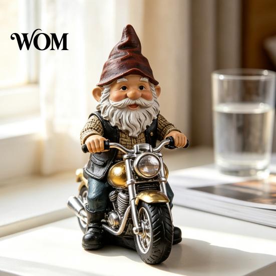 Dwarf Resin Sculpture Gnome Riding Retro Motorcycle Figurine, Motorbike Statue Miniature Sculpture, Ornament for Home Office Desk Bookshelf