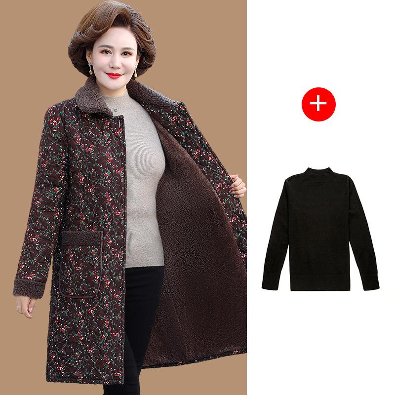 

Мамина зимняя куртка средней длины с цветочным принтом - на флисовой подкладке и утепленная для тепла, идеально подходит для женщин среднего и пожилого возраста 2XL for 105-120 jin