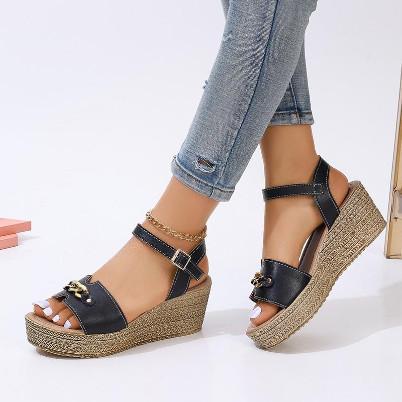 fashion Rimocy Summer Women Wedge Sandals with Golden Chain Ankle Buckle Thick Sole Sandalias Woman 2024 Chunky Platform Sandles Ladies