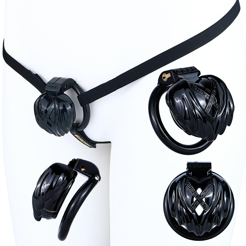 FRRK Black Resin Male Penis Lock with Angel Wing Restraints Wearable Chastity Cage Adult Couple Intimate Toy for Pleasure and Intimate Play