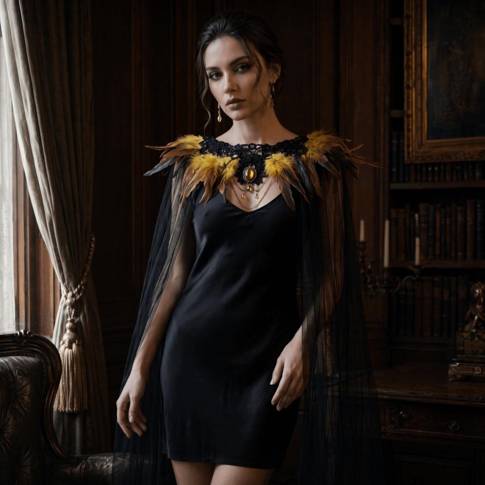 Fur Collar Hollow Lace Mesh Cape Black Festival Costume Cape  Role Playing Costume