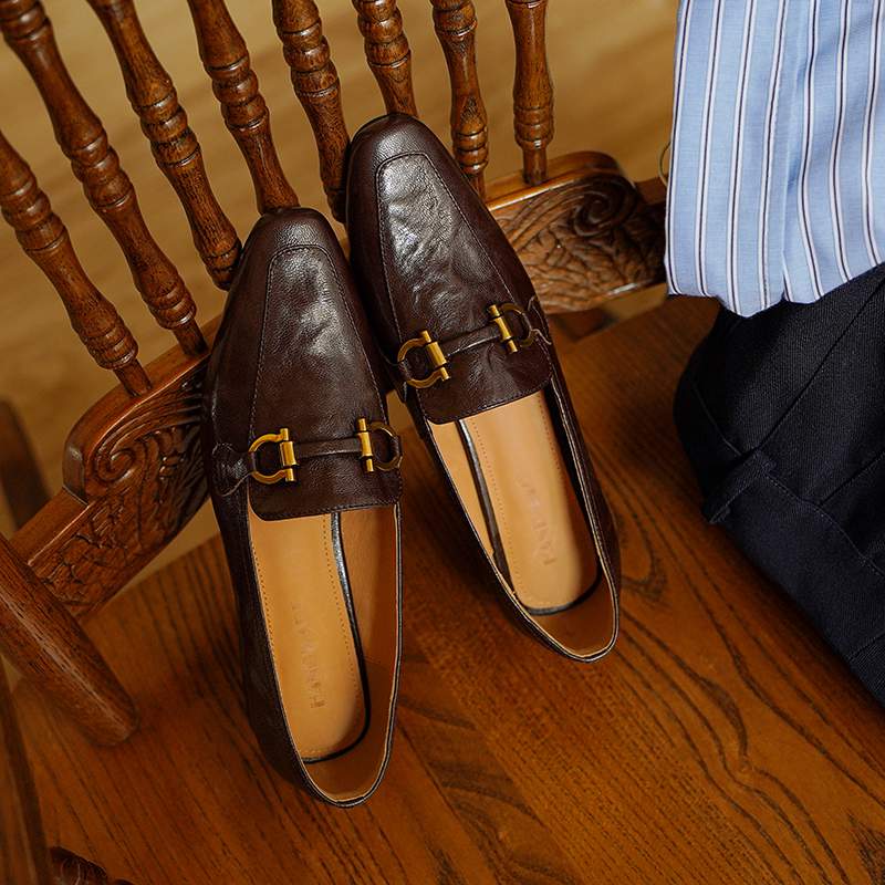 Krazing Pot Sheepskin Round Toe Chunky Heels Autumn Summer Shoes Slip On Women Retro Fashion Pumps