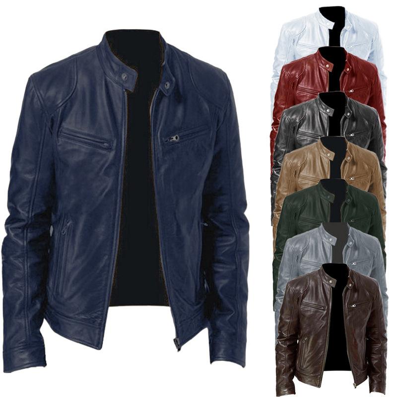 Foreign Trade Spring And Autumn New Men'S Stand-Up Collar Slim Leather Jacket Pocket Decorative Locomotive Clothing Pu Leather Jacket