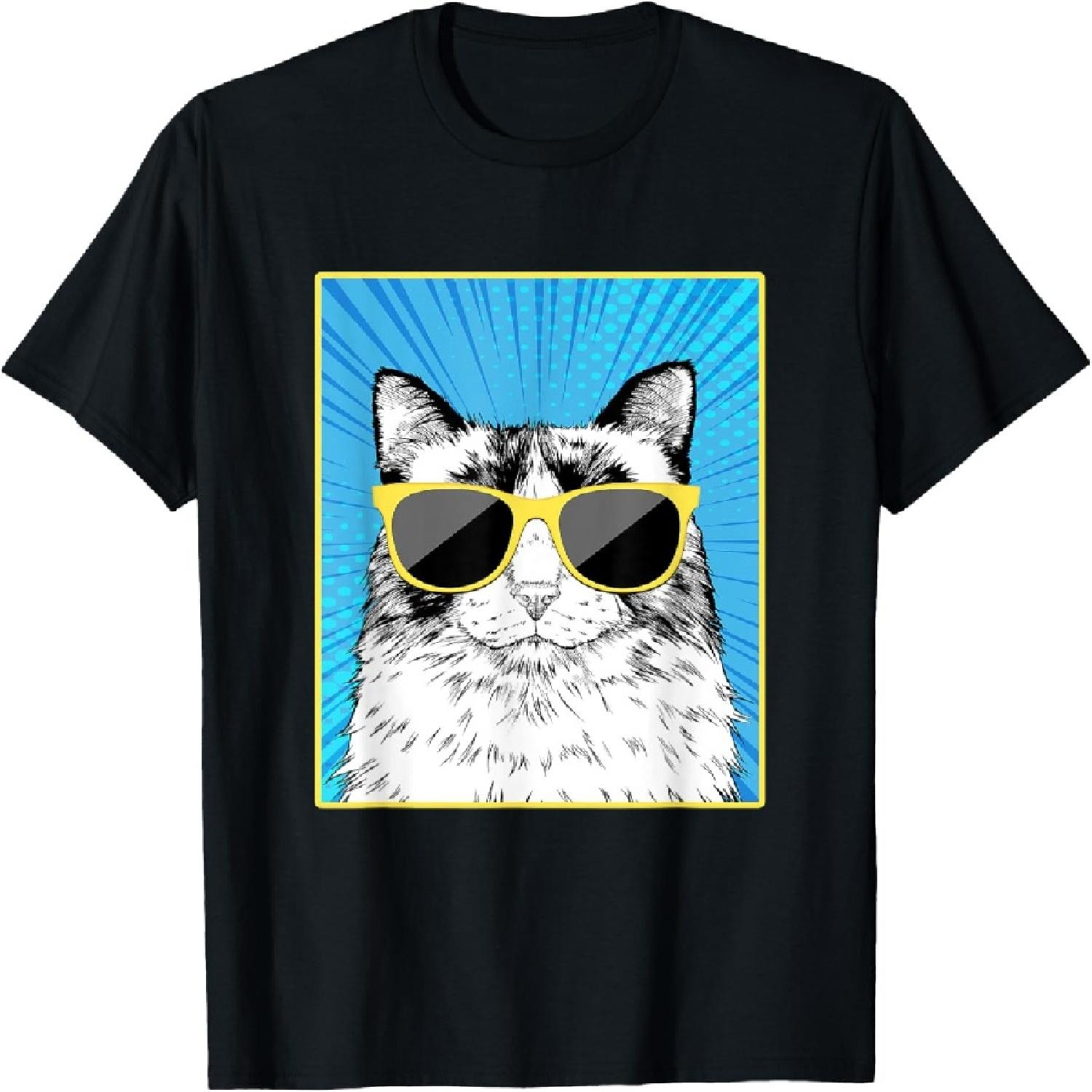 Портрет кошки породы Рэгдолл Поп-арт Кот в солнцезащитных очках Футболка для мужчин Женщин Детей S