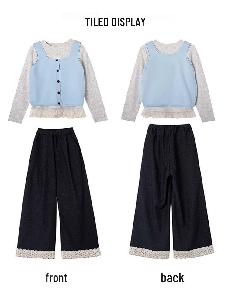 2025 Girls' Spring & Autumn Korean-Style Lace Fashion Three-Piece Set