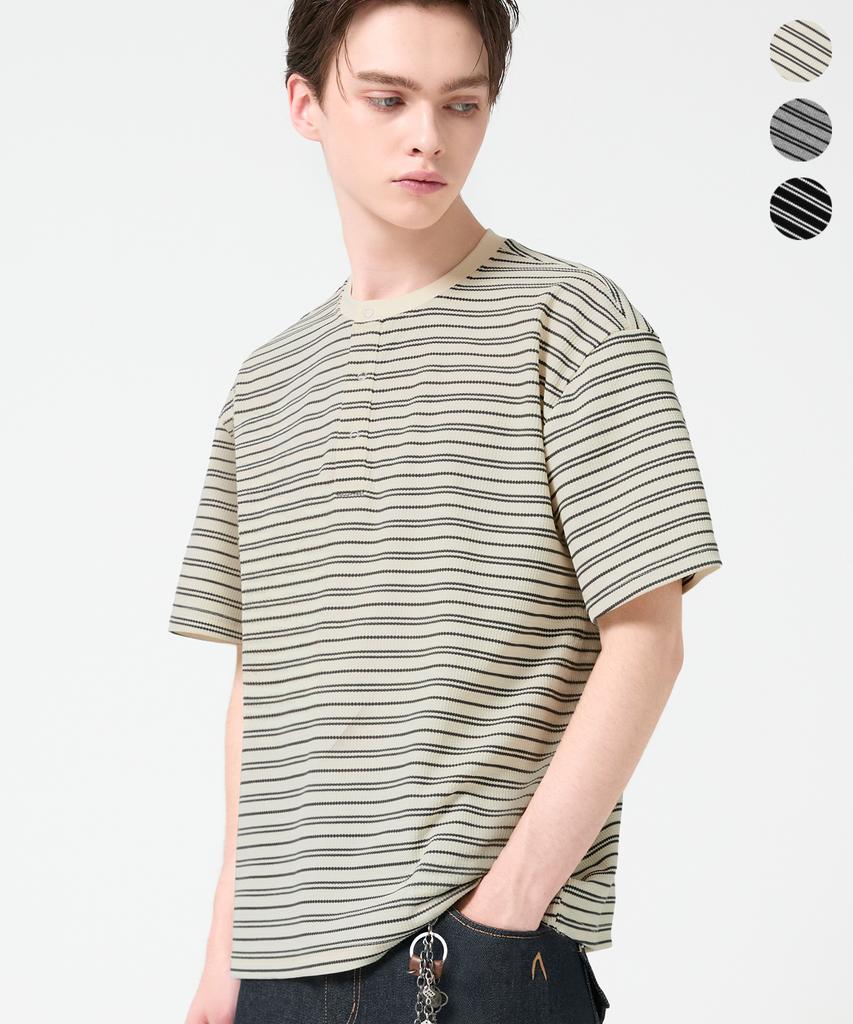 TRILLION Stripe Ring Snap Henley Neck Half Sleeve_3Color