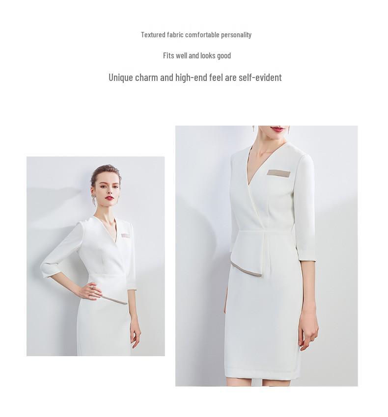 Formal Pleated V-Neck Slim Dress for Beauty Salon Receptionist