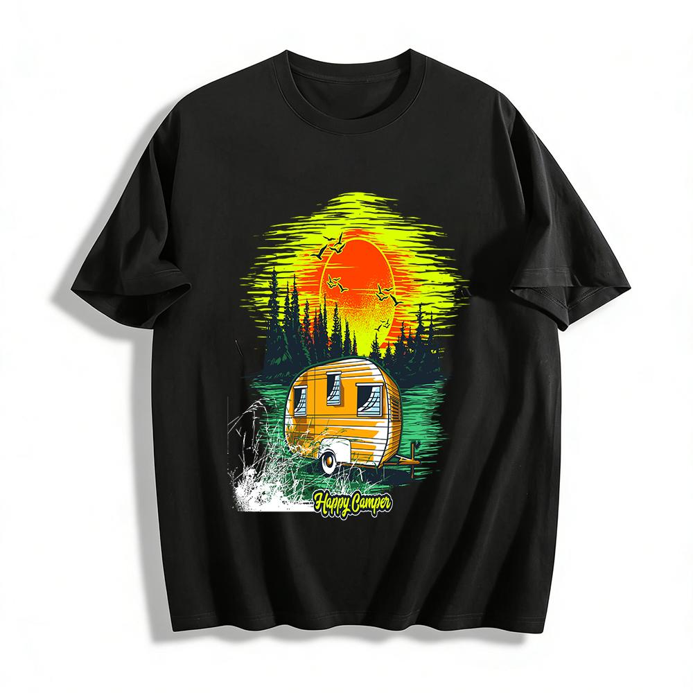Happy Camper Sunset RV Print Casual T-Shirt For Camping Lovers Pure cotton T-shirt XXS