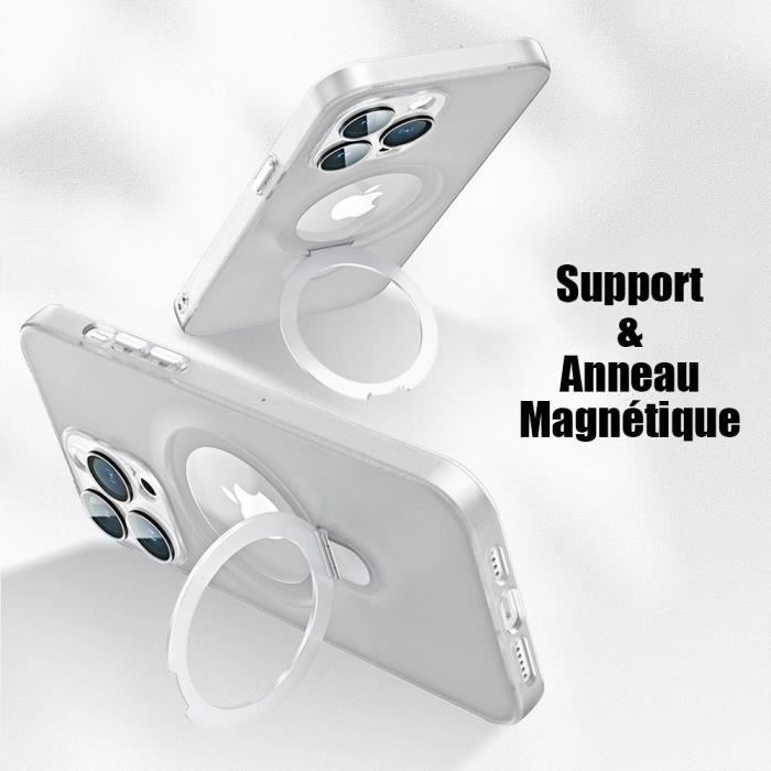 Coque pour iPhone 15 Pro, Antichoc Rigide avec Support Anneau Magnétique Réglable et Protection Caméra - Translucide