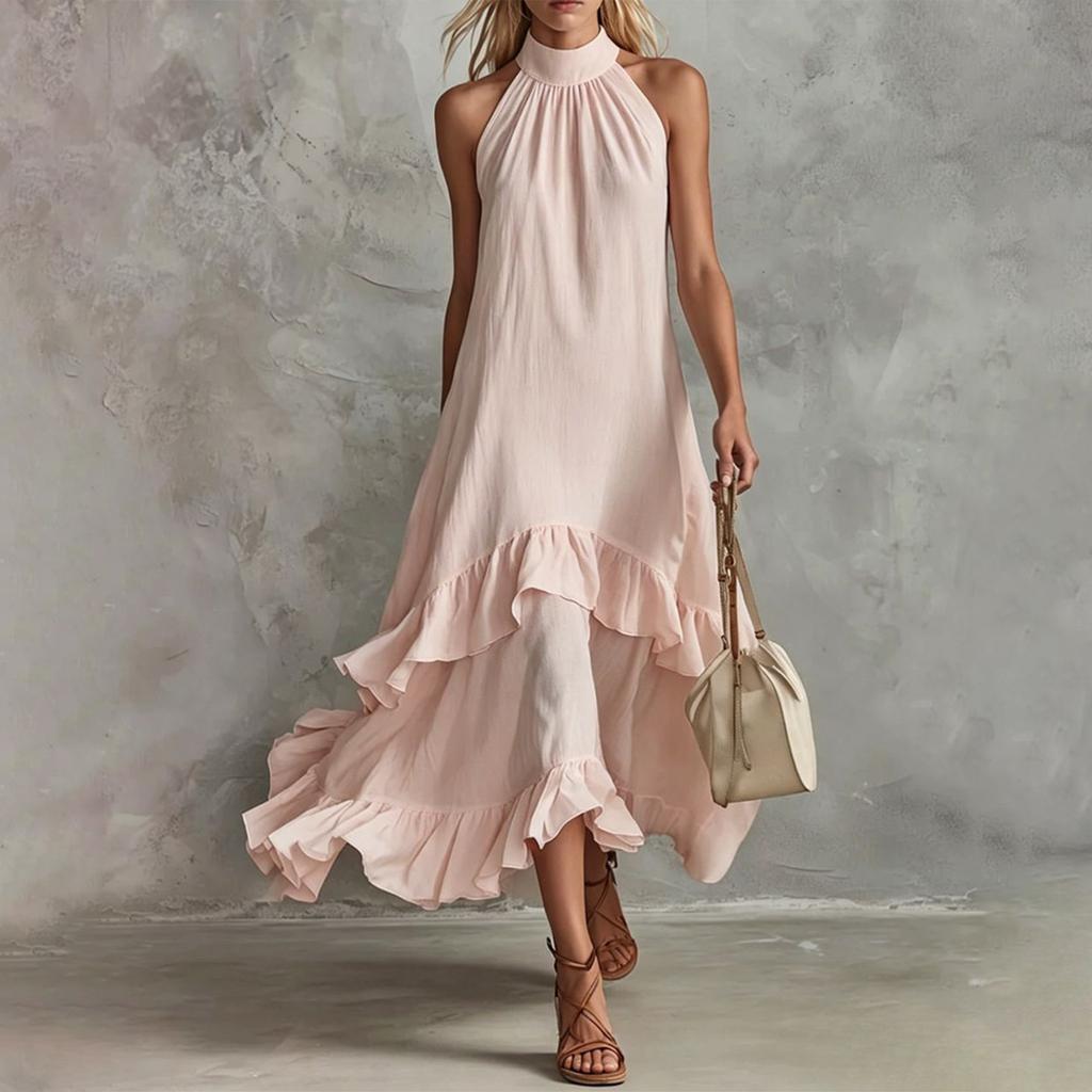 Women's Summer Retro Elegant Casual Round Neck Sleeveless Ruffled Midi Beach Dress