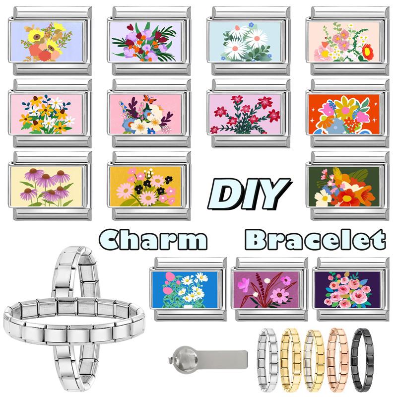 New Brilliant Colorful Flower Butterfly Series Italian Charm Links Fit 9mm Stainless Steel Bracelet Women Men DIY Making Jewelry