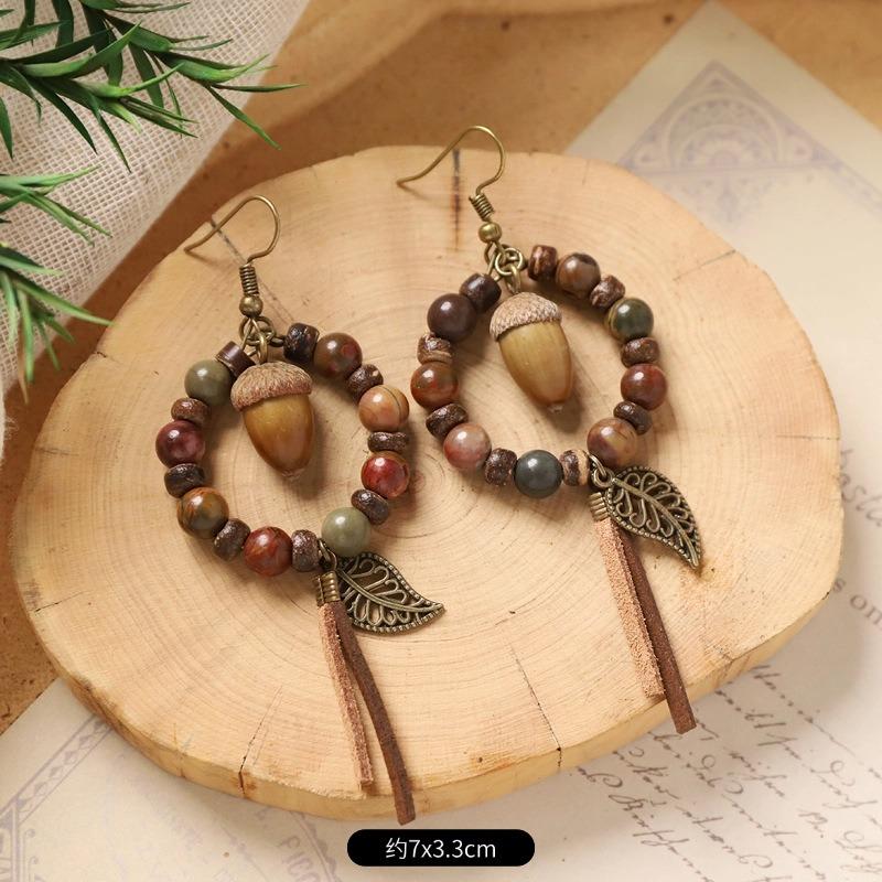 Retro niche literary earrings, natural plant fruits, wooden dried fruits, long fringed women's earrings