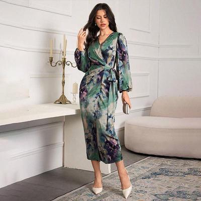 2025 Elegant Print V-neck Tie-waist Slimming Dress for Women