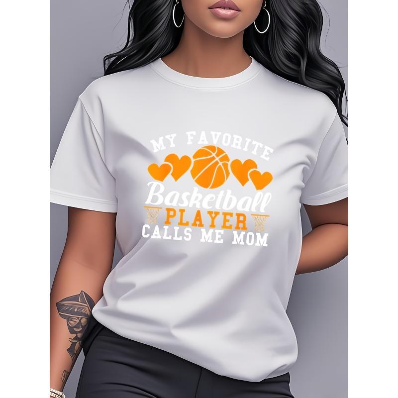 [Basketball Mom T-Shirt] My Favorite Basketball Player Calls Me Mom  Women s White T-Shirt with Orange Heart & Basketball Graphic S белый