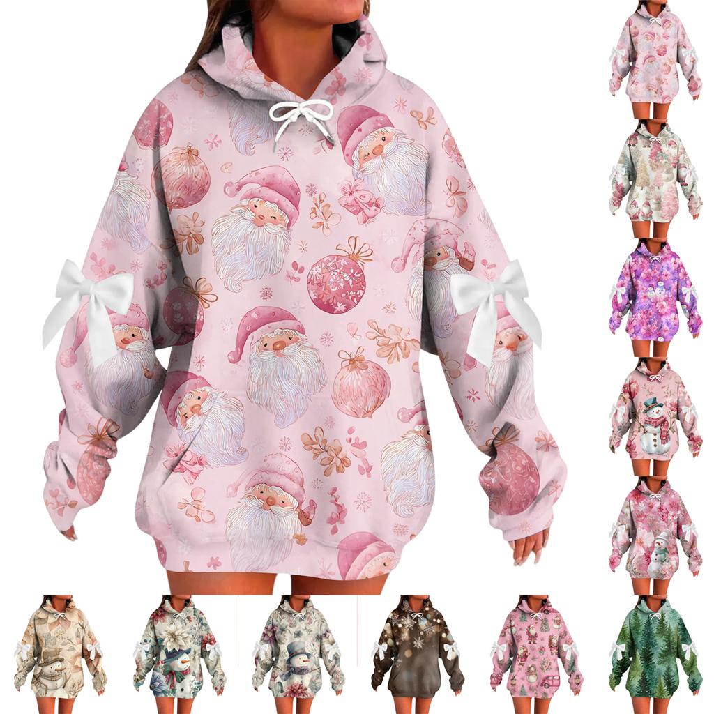 Ladies' Christmas Printed Bow Long Sleeved Loose Fitting Headband With Rope Hooded Sweatshirt Top