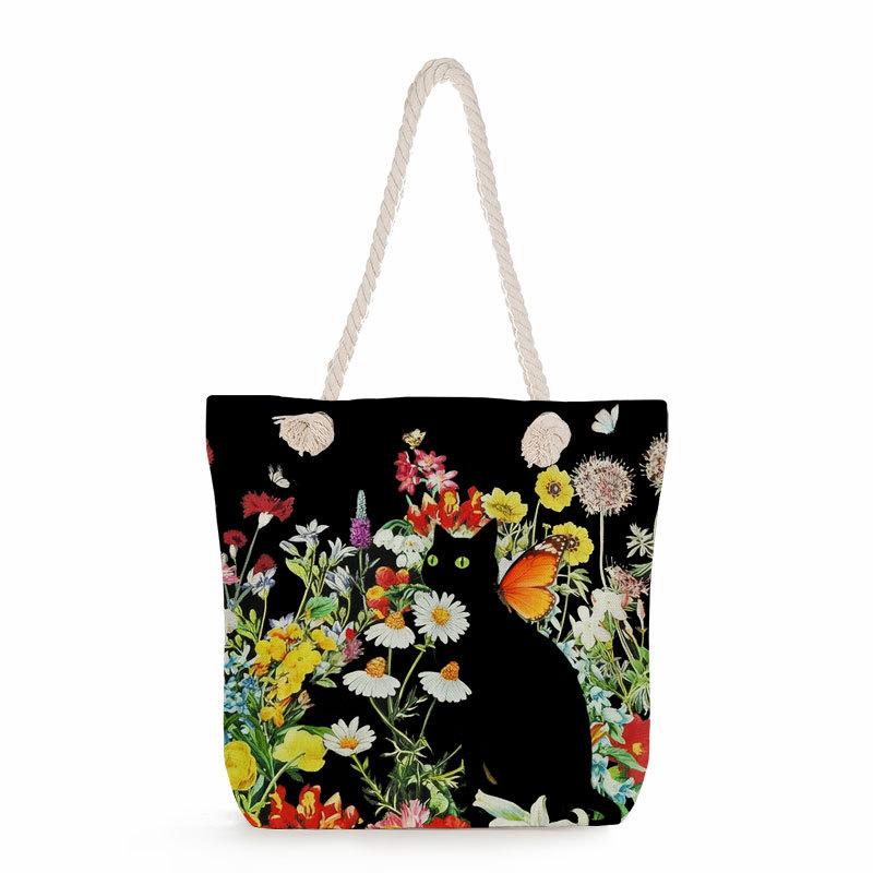 Multifunctional Black cat  Printed Thick Rope Shoulder Beach Bag 7579