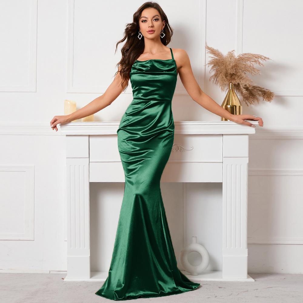 Solid Color Satin Backless Evening Fishtail Dress with High Waist