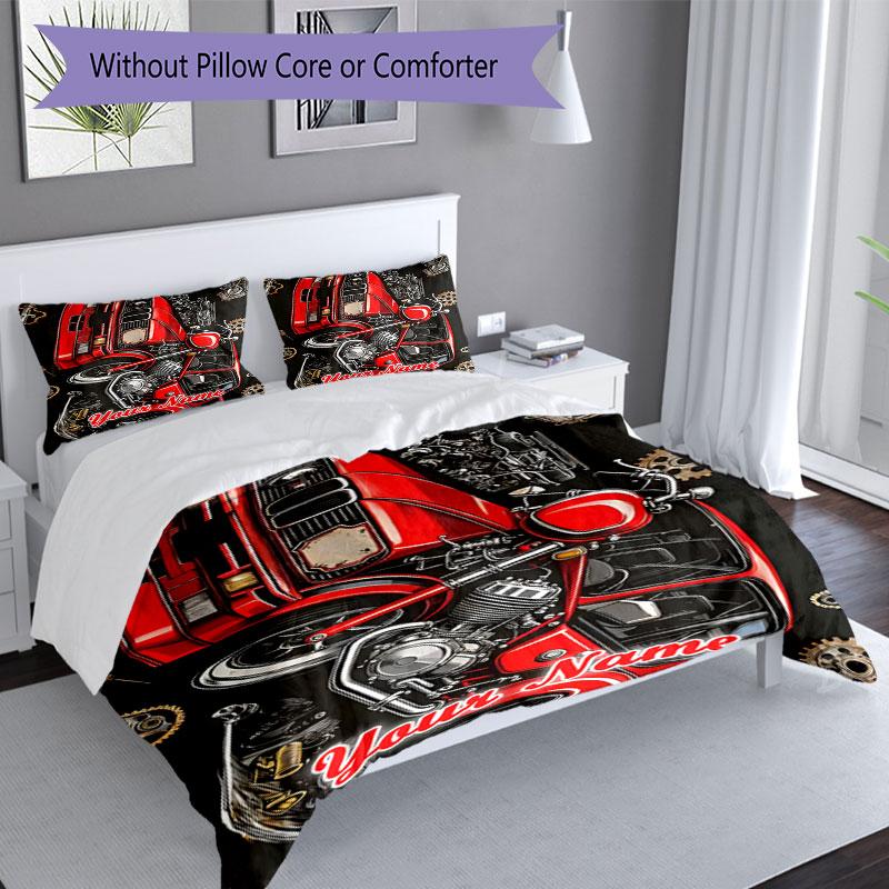 3PC Custom Name Retro Car Motorcycle Art Bedding Set Printed Bedding Set Duvet Cover Closure Includes 1 Duvet Cover & 2 Pillowcases for All Seasons Be