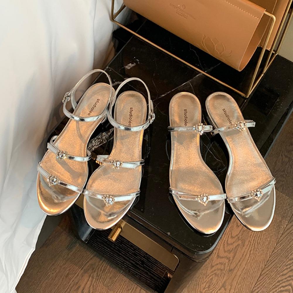 Fashion Sandals for Women Summer Round Headed Double with Heart-shaped Diamond Buckle Adjustable Sandal Slippers 2025 New Flat Sandals