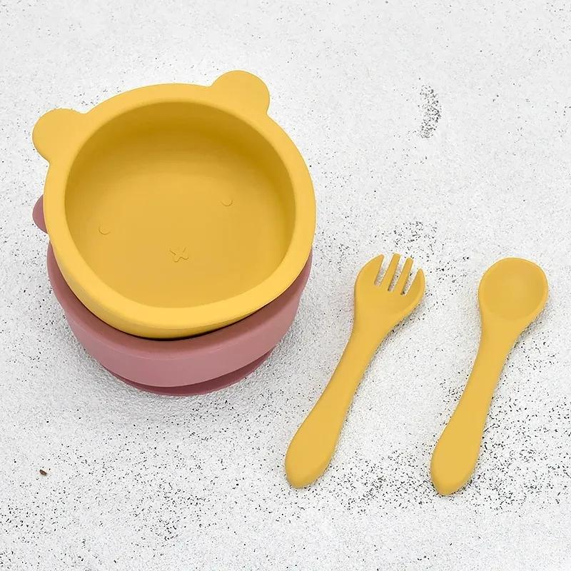 3Pcs/Set Baby Silicone Ventosa Tigela Colher Garfo Conjunto BPA Livre Cabo De Madeira Garfo Colher Alimentação Infantil Antiderrapante Conjunto De Talheres