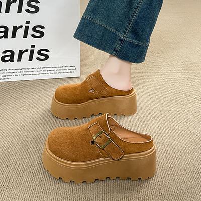 Fashion CRLAYDK Women's Platform Heel Mules Casual Buckle Shoes Closed Toe Backless Slip On Walking Increase Height Wedge Slippers