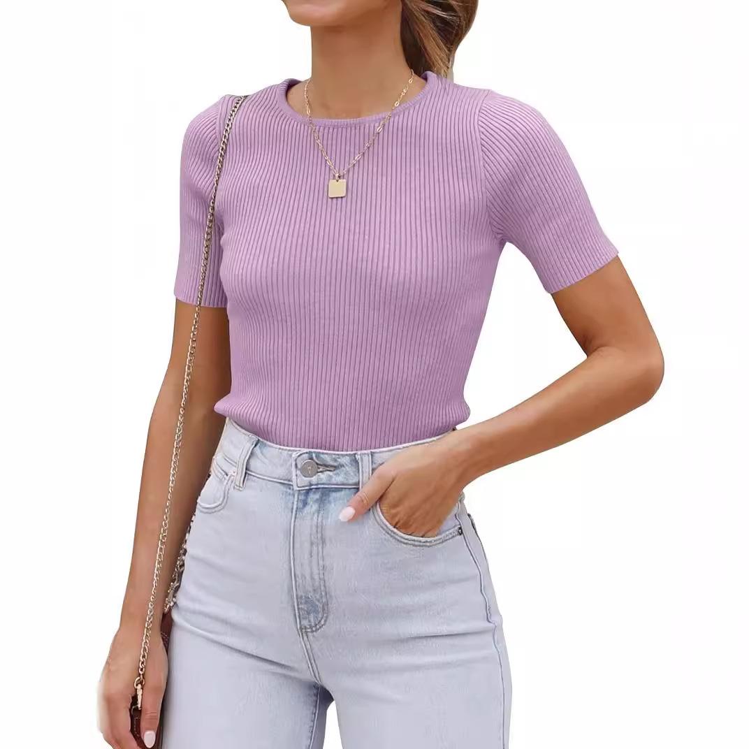 

Women s short-sleeved round neck T-shirt knitted slim-fit basic solid color knitted base shirt S коричневый