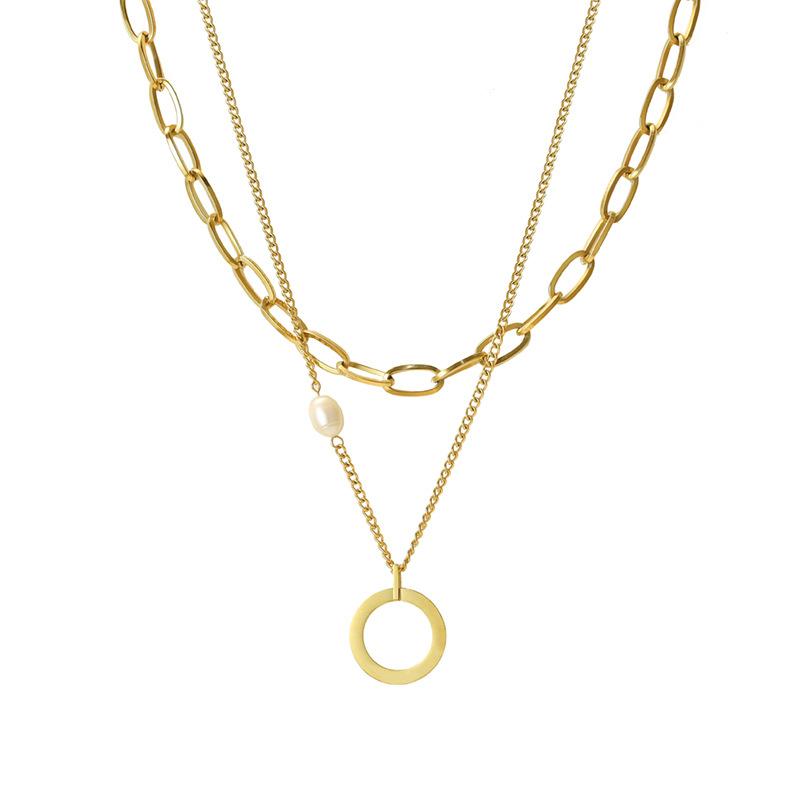 Simple Office Worker Commuter Simple Titanium Steel Double Layer Stacked Wear With Pearl Ring Pendant Jewelry Necklace Women