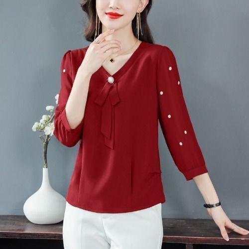 

Весенне-летняя новинка с рукавами 3/4, модная блузка для мамы, женская однотонная шифоновая рубашка с v-образным вырезом, M-4XL 4XL красный