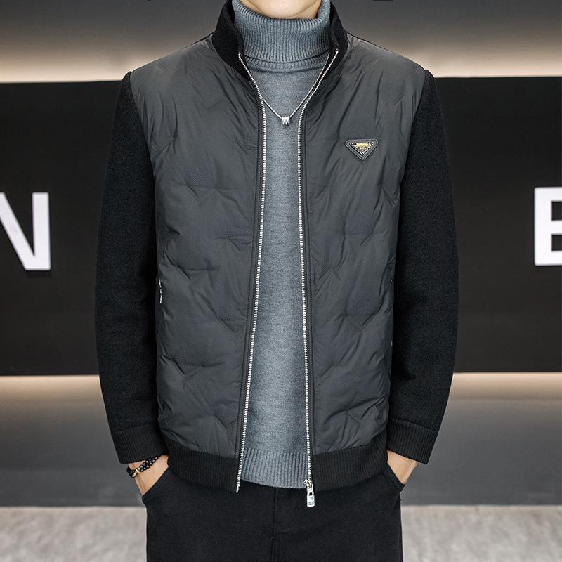 Men s 2025 Color Block Cardigan Down Jacket with Stand Collar 2XL чёрный