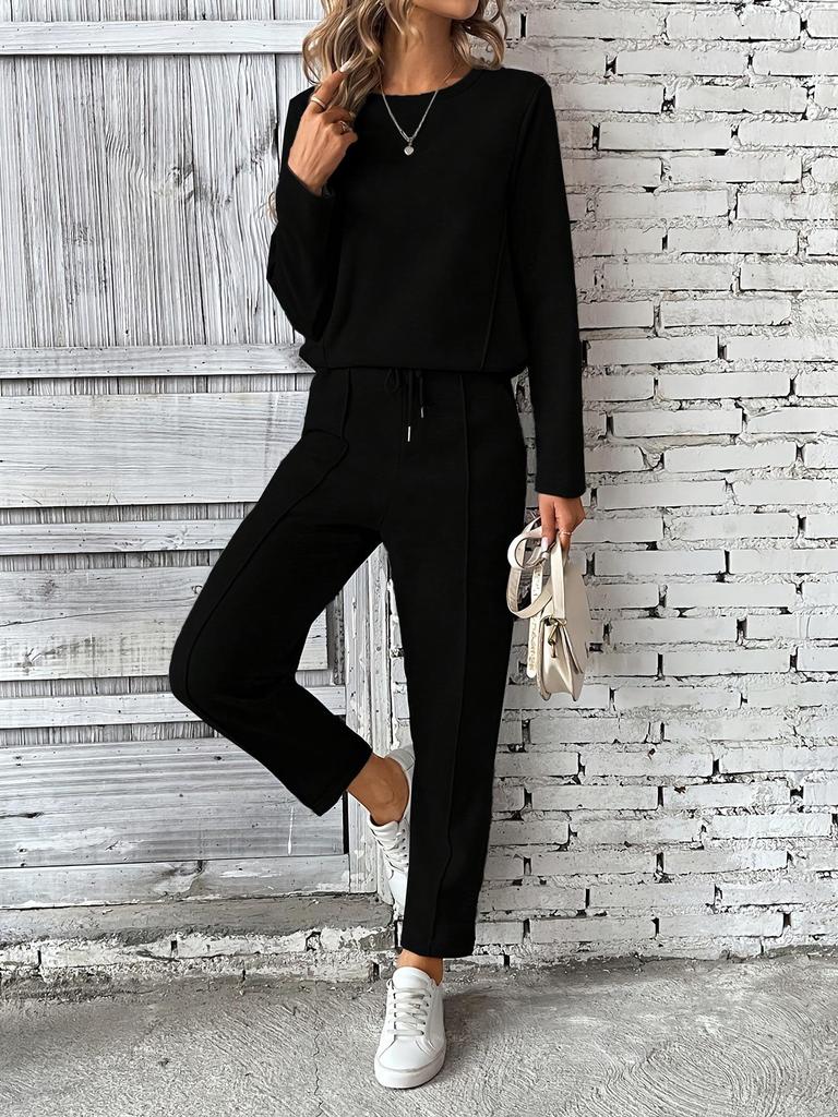 New Women's Fleece Sweatshirt & Pocket Pants Set - Round Neck, Fashionable & Simple Style, Casual Straight Leg Design (2025).