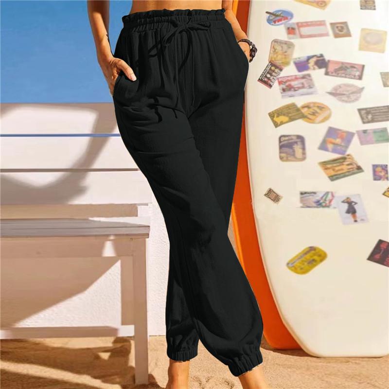 Women's Casual Cotton Linen Stretch Pants Elastic Waist Solid Comfy Pockets Pants