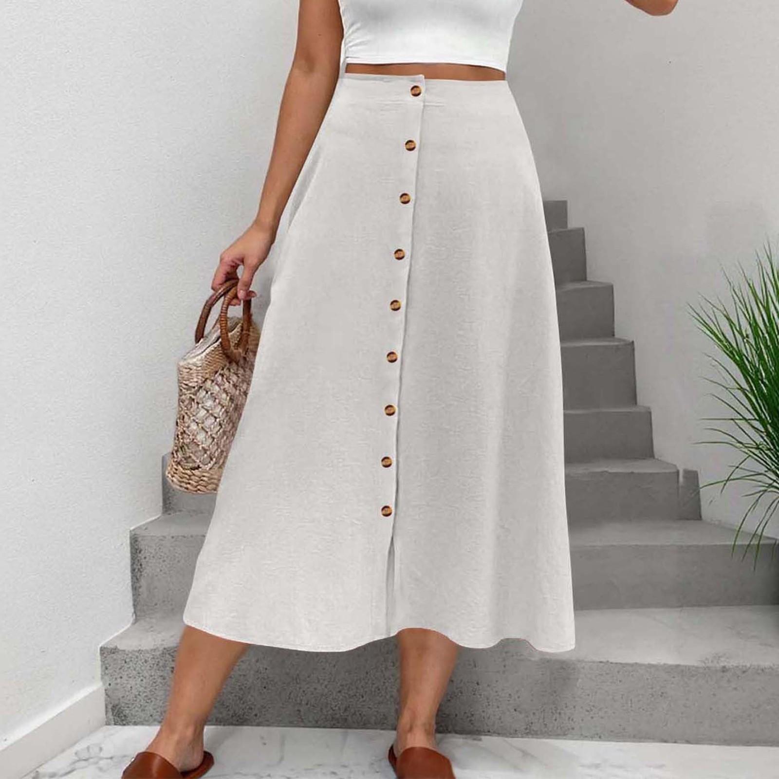 

Женская юбка средней длины с пуговицей спереди, летняя повседневная эластичная талия, карманная А-силуэтная юбка средней длины M белый