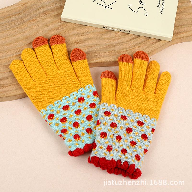 New Embroidered Gloves Female Cute Cartoon Smiley Face Bear Autumn and Winter Warm and Cold-proof Men's and Women's Needles