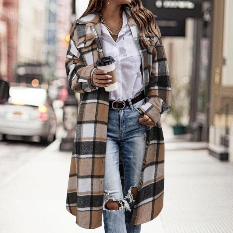 Oversized Plaid Trench Coat for Women Long Sleeve Collared Patch Pockets Fashionable S