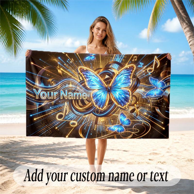 Butterfly Theme Beach Towel Personalized Custom Name & Text Soft Quick Dry Beach Towel for Swimming Travel