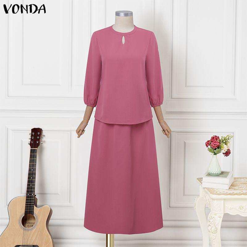 

VONDA Elegant Outfits Women Long Sleeve Blouse and Skirts Casual Two Piece Suit Sets M фиолетовый