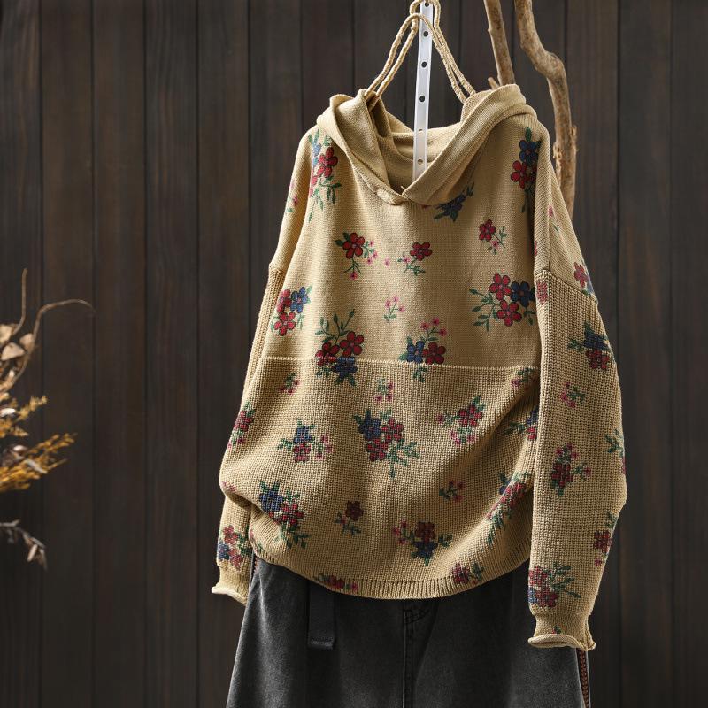 2025 Bo Jia Fan Flower Print Hooded Cotton Knit Sweater - Loose Fit, Autumn Style
