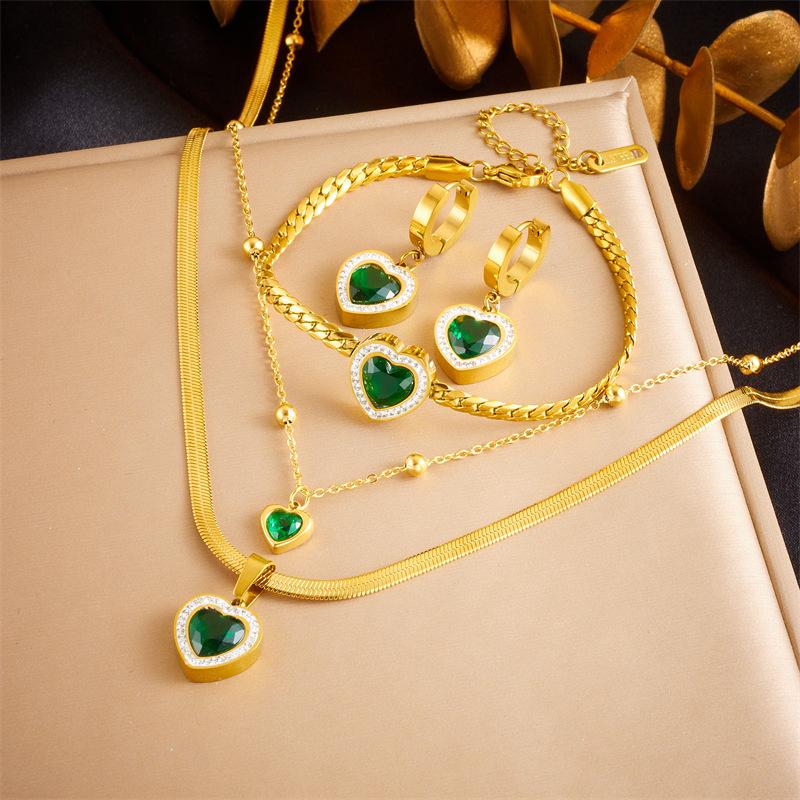 Gold Green Heart Crystal Jewelry Set Necklace Bracelet Earrings for Women