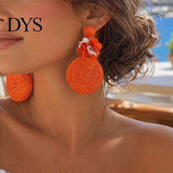 Handmade Boho Jewelry 1 Pair Raffia Flower Earrings for Women, Rattan Lightweight Woven Round Drop Dangle Earrings, Straw Summer Beach Vacation