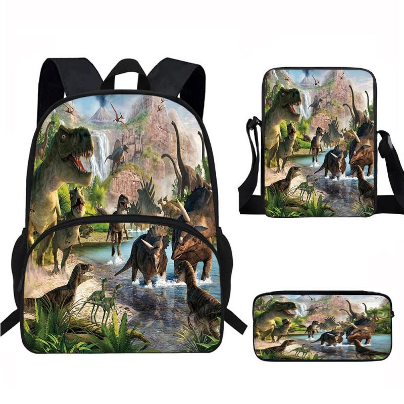 Kids Dinosaur Backpack Set Elementary School Oxford Fabric Ergonomic Back Support Breathable Lightweight 3-Piece Kit