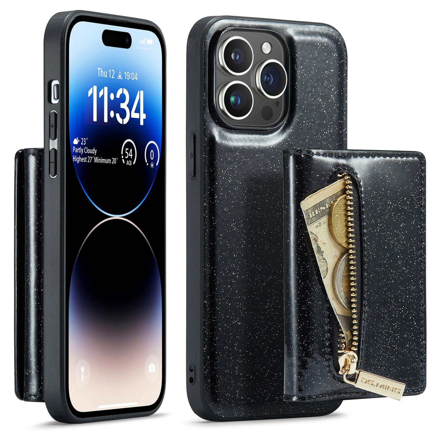 

DG.MING M3 Series For iPhone 15 Pro Max Magnetic Detachable Cover Glittery Leather Coated PC+TPU Wallet Kickstand Phone Case Black