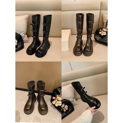 Cowhide~ Belt Buckle Knight Boots Women's Leather Round Head Thick-soled Versatile Boots Medium Martin Boots